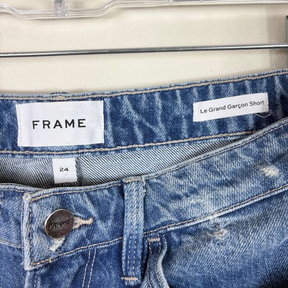 Frame Blue Mid Rise Relaxed Fit Le Grand Garcon Shorts in Montgrove Rips - Picture 9 of 10